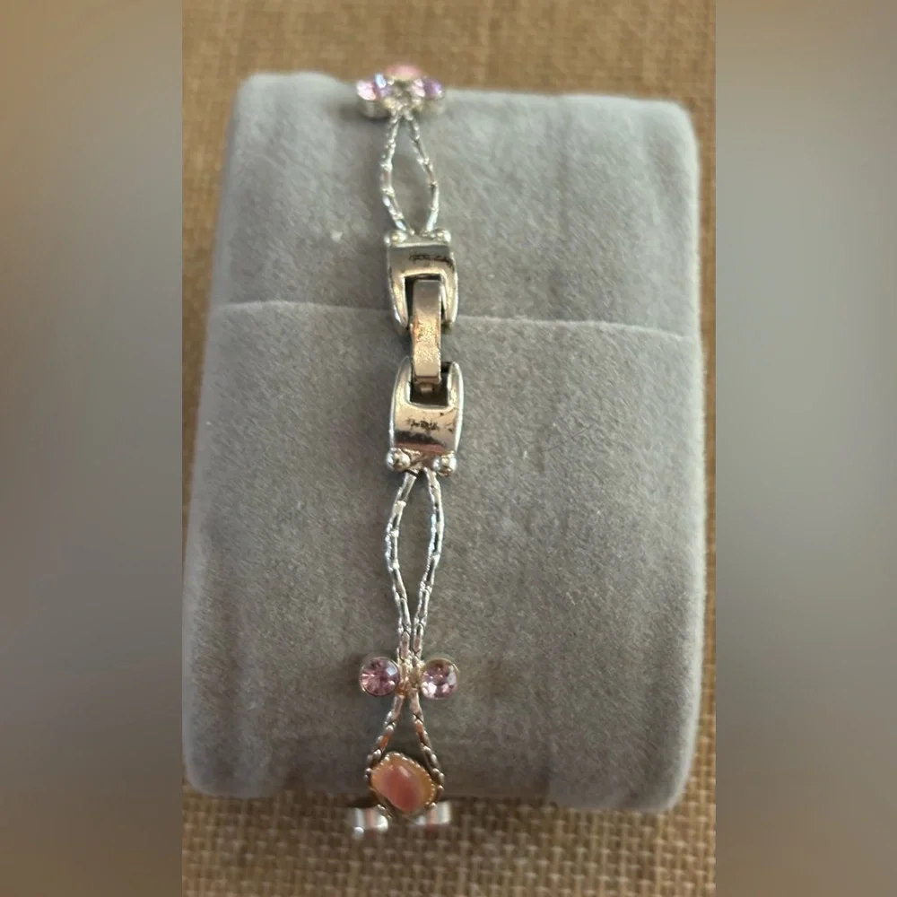 Silver Tone Pink Oval Stones And Smaller Purple Accents